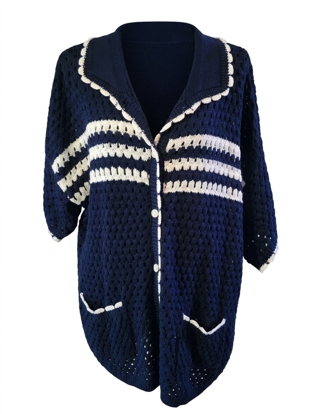 Classic Navy and White Knit Button Cardigan